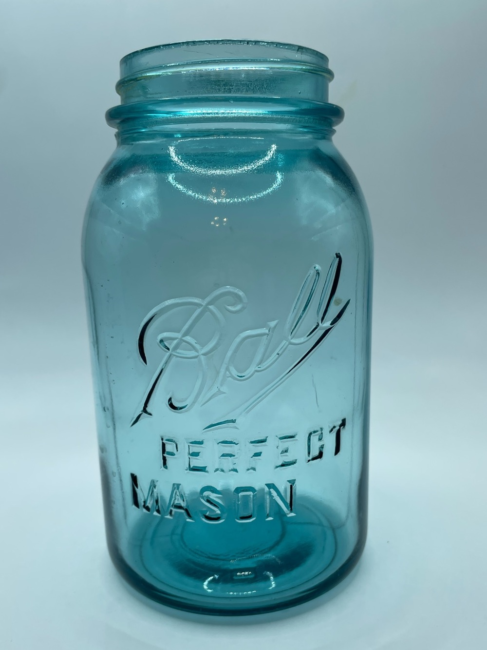 Antique Blue Ball Quart Jar 1910-1923, Perfect Mason, Bubbles, Mold 3, No Lid